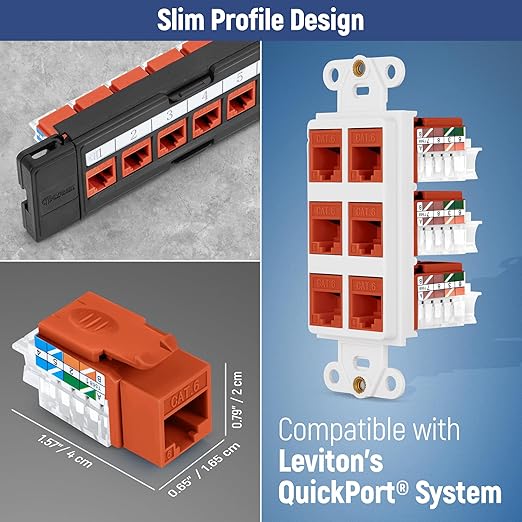 Everest 45° Angled RJ45 Cat6 Keystone Jacks 50-Pack in Orange - Slim Profile Female RJ45 Connectors - Cat 6 Keystone Jack - Compatible with 45° Angled Speed Termination Tool - 45Term (B0BL3GS7ZY)