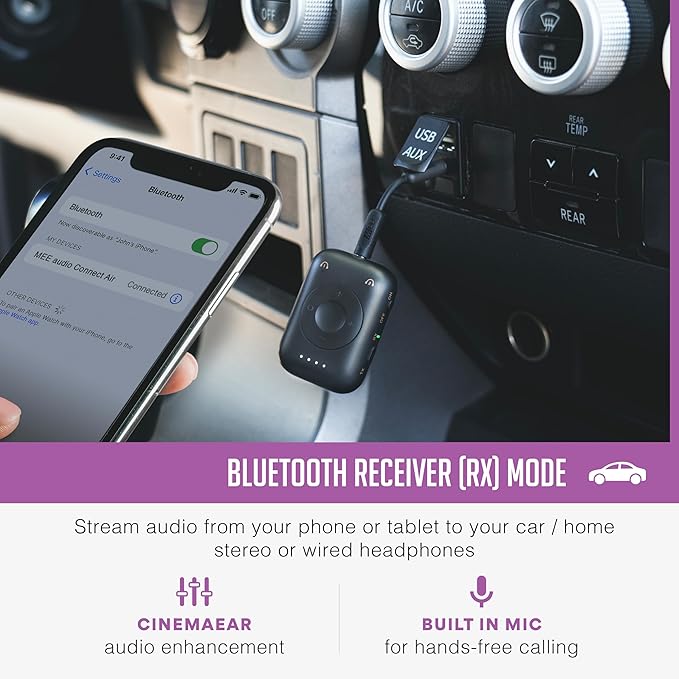 MEE audio Connect Air Pro Bluetooth Wireless Audio Transmitter & Receiver for AirPods or Bluetooth Headphones, 2-in-1 Adapter with Detachable Cable 3.5mm Aux Audio Jack for Airplanes, Auto, Gym, Black