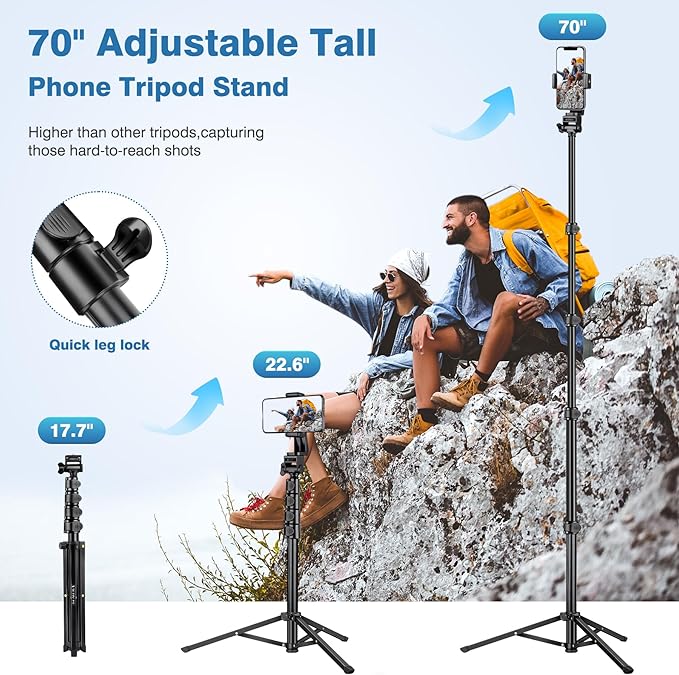 70" Phone Tripod with Remote & Holder, Portable Cell Phone Stand, Selfie Stick for Video Recording, Compatible with iPhone 14/13 Pro Max/Android/Camera
