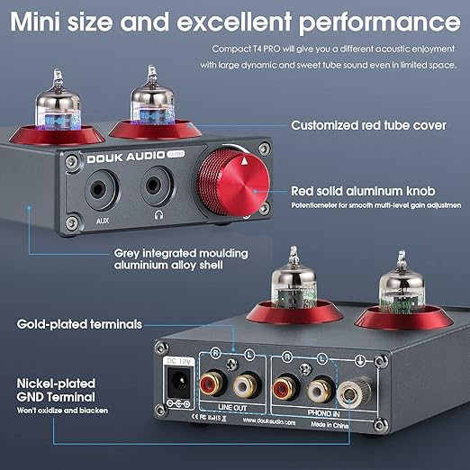 Douk Audio T4 PRO Vacuum Tube Phono Preamp, MM Turntable Preamplifier, GE5654 Hi-Fi Headphone Amp for Home Theater/Record Player/Stereo Amplifier/Active Speaker
