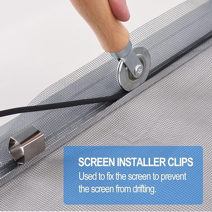 BAYTORY Upgrade Window Screen Repair Kit, Steel/Nylon Roller Tool with Bearing, Spline Removal Hook, 32ft Retainer Spline and 12pcs Screen Clips Replacement for Installing Door Mesh Screens