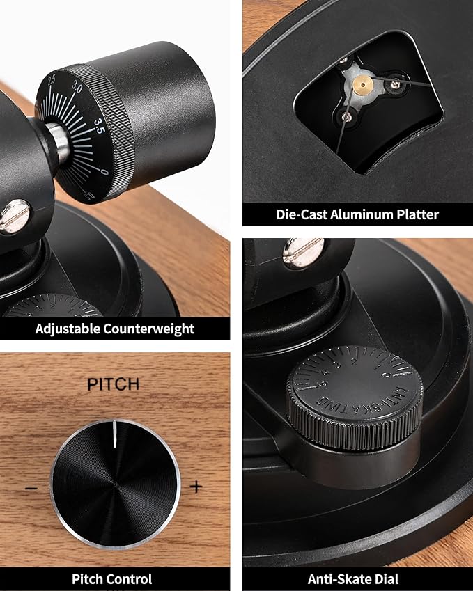 Turntable Vinyl Record Player Support Bluetooth Output Phono/Line Switch Pitch Control with Pre-Installed Counterweight & Magnetic Cartridge, Belt Drive 2 Speed