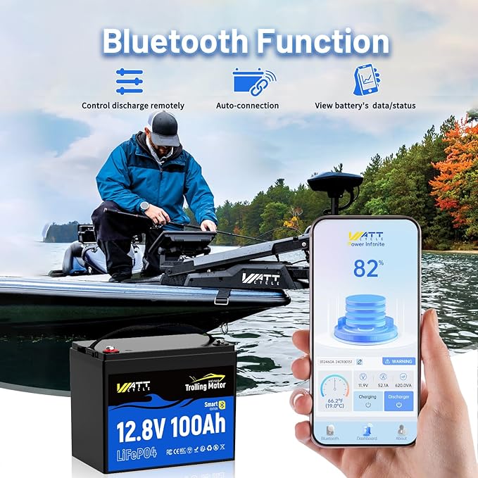 12V 100Ah TM LiFePO4 Lithium Battery, Group 24 with 120A BMS & Smart Bluetooth, IP67, Auto Cut/Recovery, Deep Cycle for Boats, RVs, Marine, Trolling Motors, Solar, Camping, Off-Grid