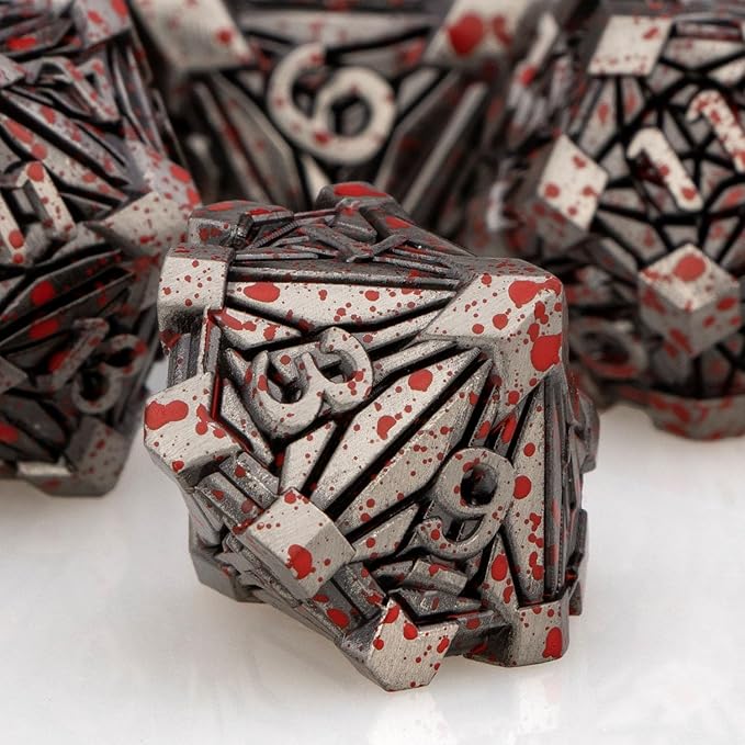 7PCS Metal DND Dice Set with Box, Debris RPG Blood Spatter D and D Dice for use with D&D Tabletop Games Role Playing Game Polyhedral Dice Set D20 D12 D10 D8 D6 D4