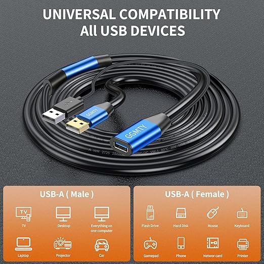 USB 2.0 Type A Male to A Female Active Repeater Extension Cable 75ft, High Speed 480 Mbps