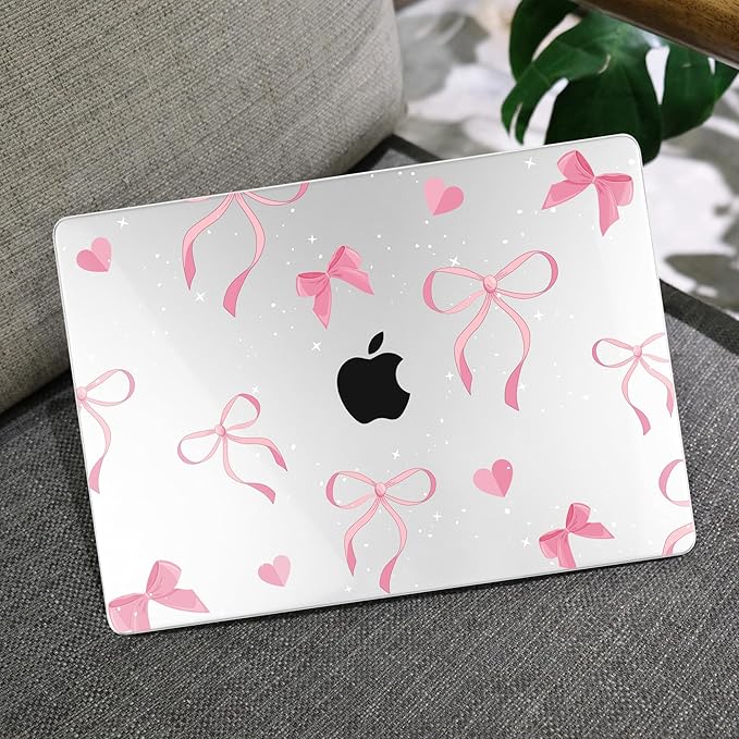 MEEgoodo for MacBook Air 13.3 inch Case 2021 2020 2019 2018 A2337 M1 A2179 A1932, Laptop Shell for MacBook Air M1 with Keyboard Webcam Cover & Trackpad Film & Type C Adapter,Pink Ribbons Bows