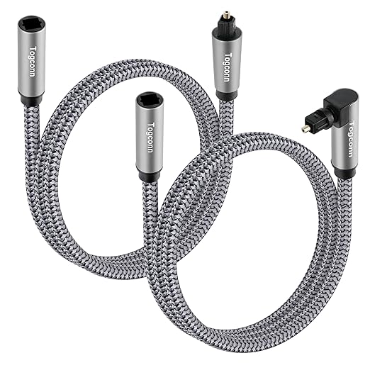 Optical Extension Fiber Digital Cable Adapter 4 Feet（2 Pack）, 90 Degree Right Angle & Straight Male to Female Coupler, Toslink Audio Cable, Nylon Braided for Home Theater, Soundbar, TV and More