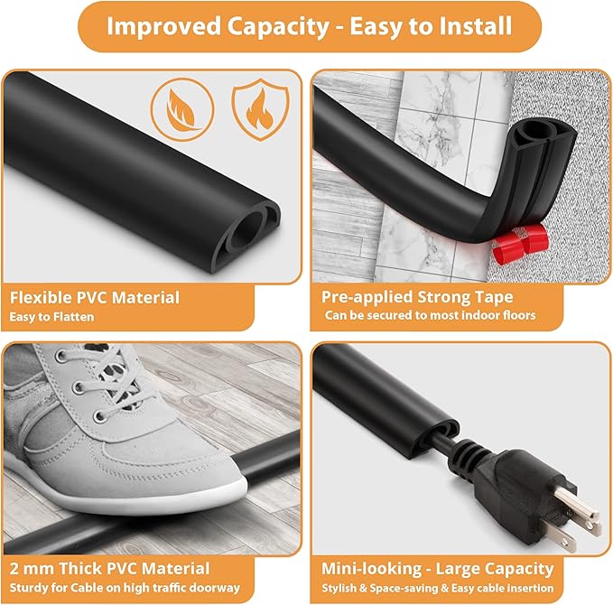 12ft Cord Cover Floor for Extension Cords, Self-Adhesive Floor Cable Cover to Protect Cables & Prevent Tripping, PVC Cord Hider Protector, Internal Wire Management Channel Diameter: 0.39", Black