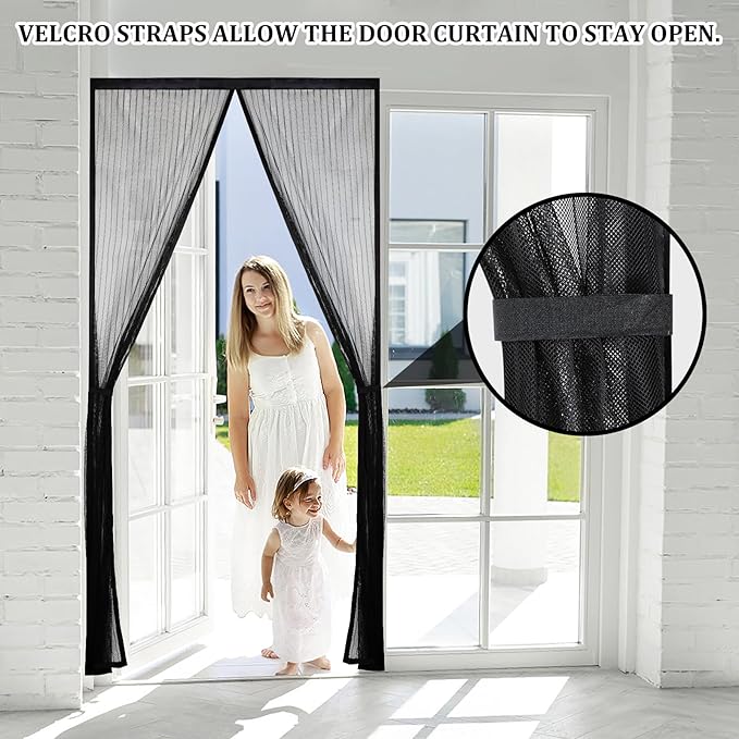 Magnetic Screen Door - Self Sealing, Heavy Duty, Hands Free Mesh Partition Keeps Bugs Out Let Breeze in- Pet and Kid Friendly - Keep Open Feature (Black, Fit Door Size 38 x 80 Inch)