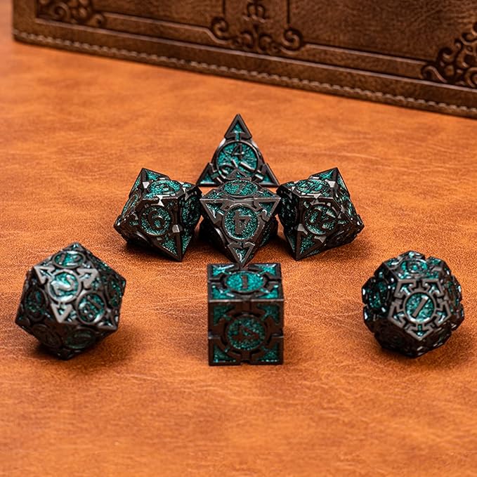 Green Black Nickel Finish Heavy Metal DND Dice Set (Ranger) with A Metal Box, Sharp Edge Zinc Alloy D&D Accessories, D4-D20, Designed for Dungeons & Dragons Master, RPG Player, Starter