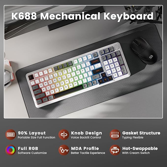 Redragon Wireless Mechanical Keyboard, 3 Mode Gasket Mounted RGB Gaming Keyboard with Volume Knob, Pre-Lubed Linear Switches, MDA-Profile, 98 Keys Hot Swappable Creamy Keyboard for Pc/Tablet/Xbox Blue