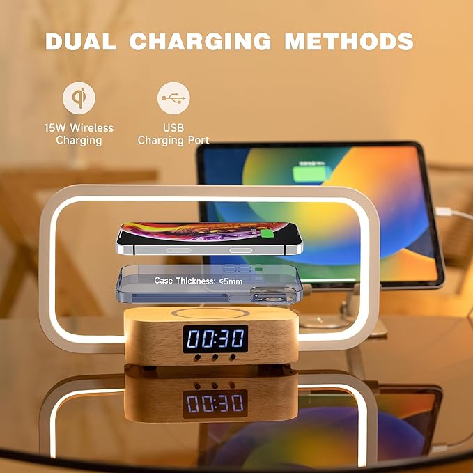 Bedside Lamp with Wireless Charger & USB Port – Touch Control Nightstand Table Lamps, RGB Color Changing, Stepless dimming, 7 Color, Modern LED Desk Lamp with Clock for Bedroom, Gifts for Women, Men