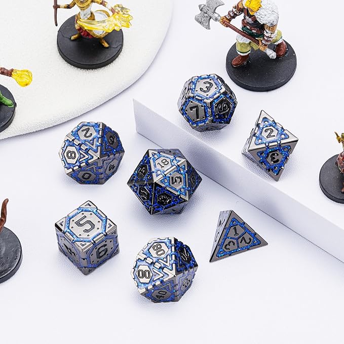 DND Metal Dice Set with Cracks, Polyhedral Dice for RPG D&D Dungeons and Dragons RPG TTRPG D and D 7-Die with Gift Case (Black Nickel Sapphire Blue)