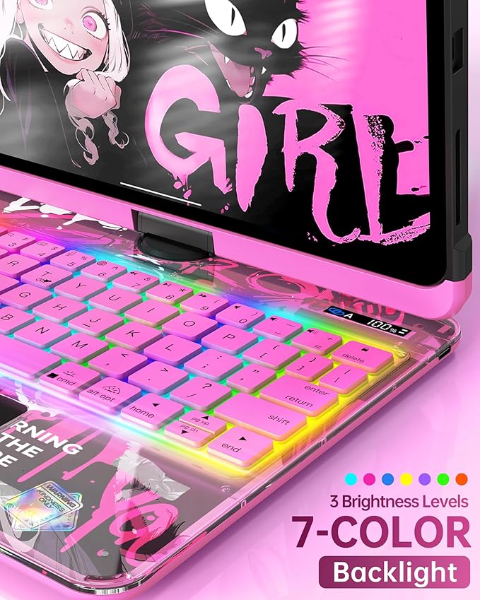 Intermerge Clear Keyboard Case for iPad Air 11" (M3/M2, 2025/2024), Air 5th/4th, Pro 11" 2022-2018, 360° Swivel Multi-Touch Trackpad, 7-Color Backlit, Pencil Holder, Type-C, Blush Pulse
