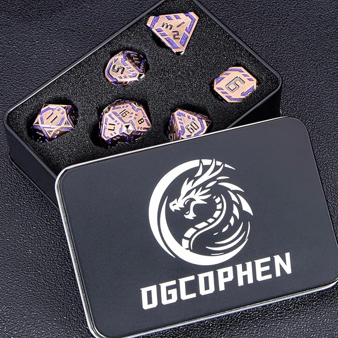 Metal DND Sci-fi Dice Set 7PCS Stripe Polyhedral Dice for Dungeons Dragons RPG Role Playing Game, Glitter D and D Dice with Gift Box D6 D8 D10 D12 D20 (Ancient Bronze&Purple)