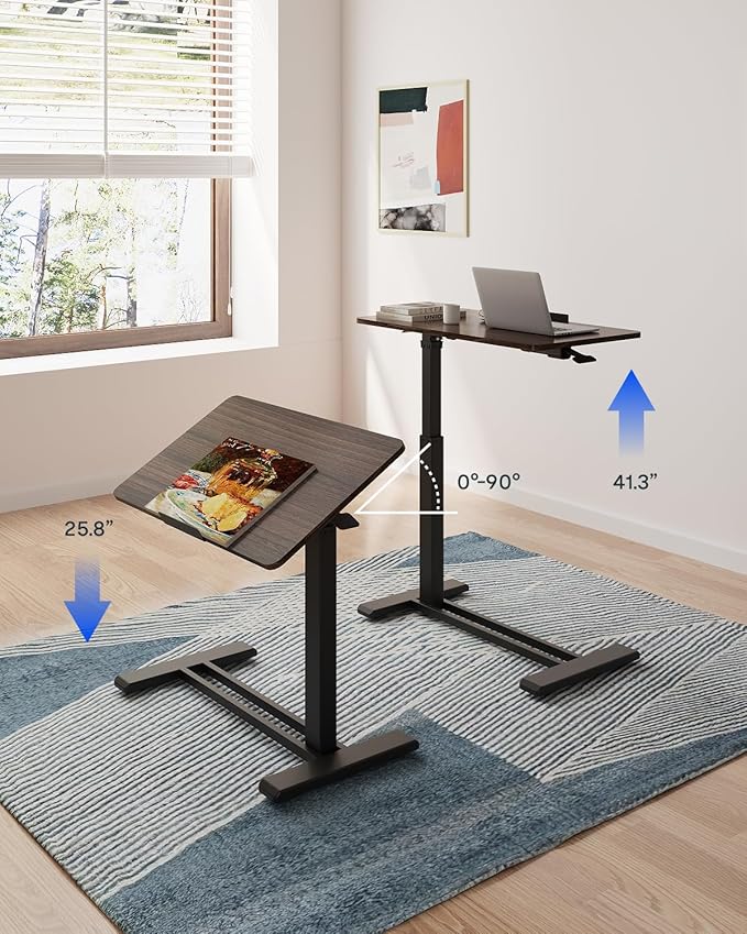 FLEXISPOT H7 PRO Mobile Standing Desk Adjustable Overbed Table Pneumatic with Wheels 90°Tiltable Portable Laptop Desk Rolling Computer Cart Foldable Bedside Table(31.5" W x 17.7" D, Rustic Brown)