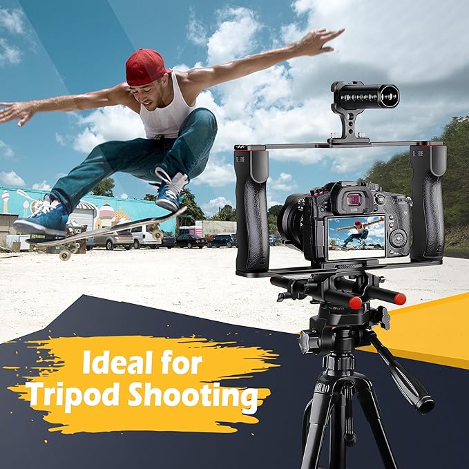 Zeadio Camera Video Rig Cage, Aluminum Filmmaking Movie Making Kit with Top Handle & Arca Type Base and Two 15mm Rod Guide, Compatible with All DSLR Camera and Camcorder
