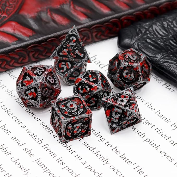 Haxtec Bloodstained Metal DND Dice Set Antique Iron Blood D&D Dice Set Dragon Scale with Leather Dice Bag Bloodsplattered Metal Polyhedral Dice Compatible with Dungeons and Dragons TTRPG Gifts