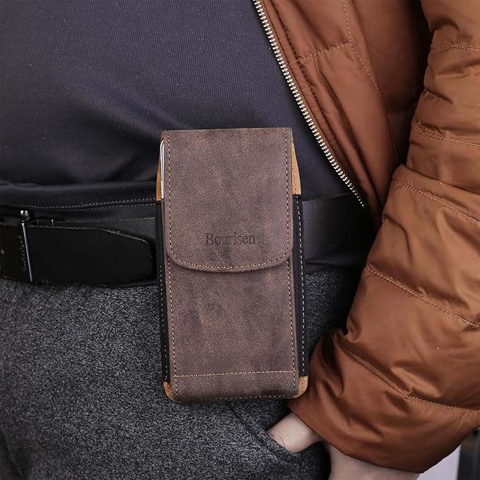Phone Holster Pouch Case Belt Clip Loops Card Slot for Man iPhone12 13 14 15 16 17,11 12 13 14 15 16 17pro,17Air/Samsung S25 S24 S23 S22 S21 S20/LG/Moto (Brown&Yellow, L(6.1" x3.2''x0.8))
