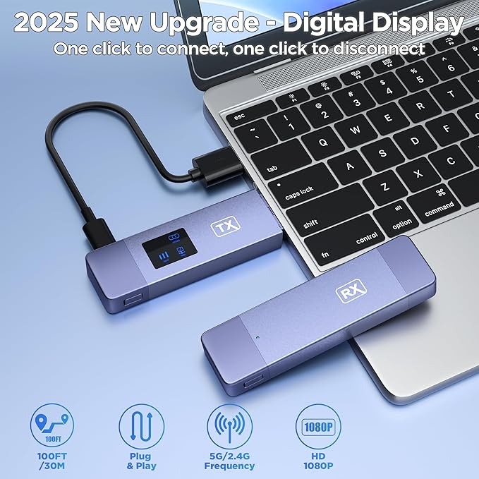 Wireless HDMI Transmitter and Receiver, Plug and Play Portable 2.4G/5G Wireless HDMI Extender Kit, 4K Decode 1080P HD Output for Video and Audio Streaming to Monitor from Laptop/PC/TV Box/Projector