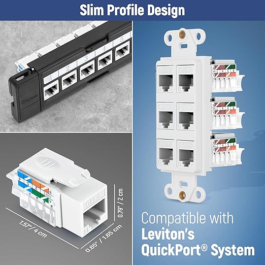 Everest 45° Angled RJ45 Cat6 Keystone Jacks 100-Pack in White - Slim Profile Female RJ45 Connectors - Cat 6 Keystone Jack - Compatible with 45° Angled Speed Termination Tool - 45Term (B0BL3GS7ZY)