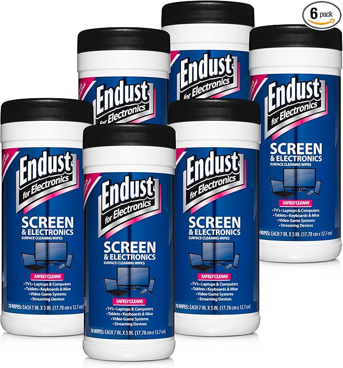 Endust For Electronics; Screen & Surface Cleaning Wipes, For TV, Phone, Computer Monitor, Laptop, Tablet, Pre-Moistened, Alcohol and Ammonia Free, 70 Count, 6 Pack (11506P6)