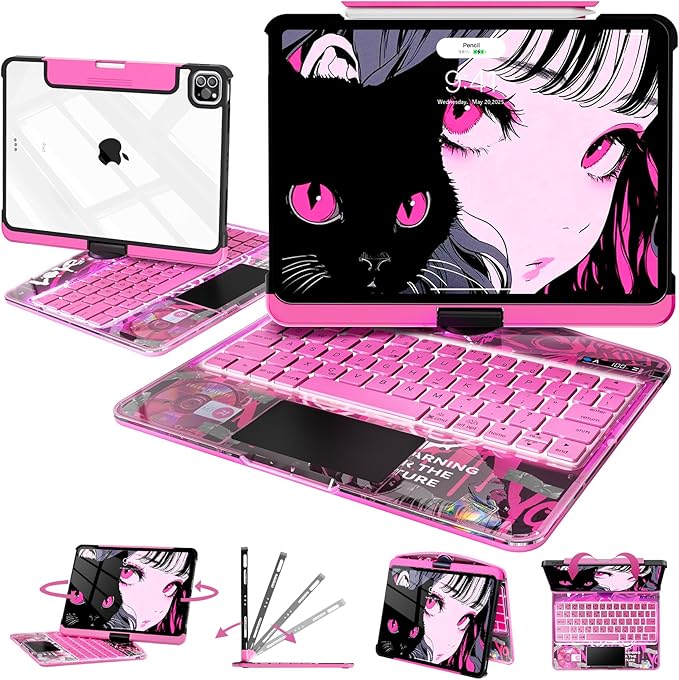 Intermerge Clear Keyboard Case for iPad Pro 13" (M4) 2024 Only, 360° Swivel Multi-Touch Trackpad, 7-Color RGB Backlit, Pencil Holder, Type-C, Power Indicator, Blush Pulse