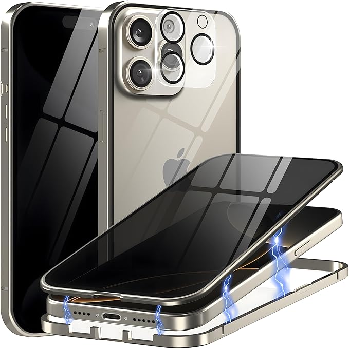 Privacy Magnetic Case for iPhone 16 with Metal Titanium Frame Privacy Screen Protector & Camera Lens Protector, Magnetic Adsorption Double Sided Tempered Glass Case Anti Peep Anti Spy Phone Cover