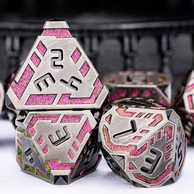 Metal DND Sci-fi Dice Set 7PCS Stripe Polyhedral Dice for Dungeons Dragons RPG Role Playing Game, Glitter D and D Dice with Gift Box D6 D8 D10 D12 D20 (Grey&Purple Red)
