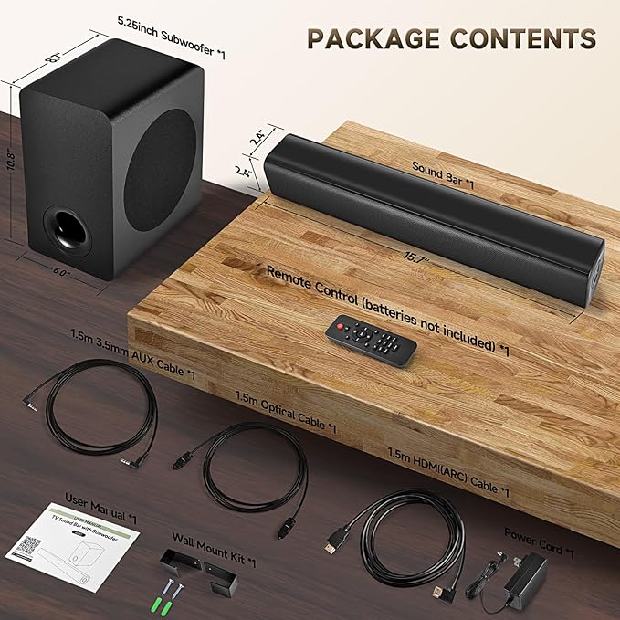 Sound Bar Speakers Bluetooth Wireless, TV Speakers Sound Bar Subwoofer, Home Theater Surround Sound Bar HDMI(ARC) Optical AUX USB 2.1ch Home Audio Sound System TV PC Wall Mount, Ebblack