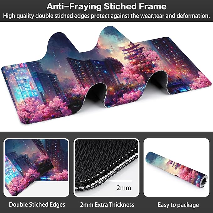 Japanese Fantasy Night City Desk Mat,Large Beautiful Night Scene Gaming Keyboard Mouse Pad,Non-Slip Rubber Base Desk Pad Thick Stitched Edges Waterproof Mousepad Mouse Mat 31.5"x11.8"