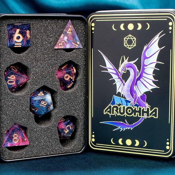 ARUOHHA Sharp Edges Dice Set DND Resin Lightning Dice with Box, Blue Purple Polyhedral Dragons Dice RPG Role Playing Games, Dungeons D and D Dice Set D20 D12 D10 D8 D6 D4