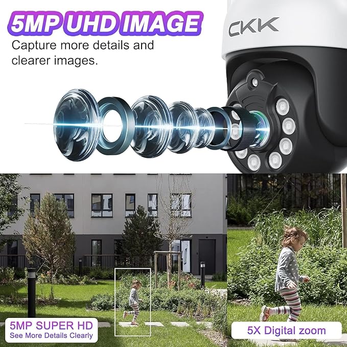CKK Wireless Security Camera System: 4 Outdoor 5MP PTZ Cameras with 5G/2.4G WiFi,10 CH NVR, 4K Color Night Vision, 2-Way Audio- AI Human Detection,24/7 Surveillance for Total Home Protection (No HDD)