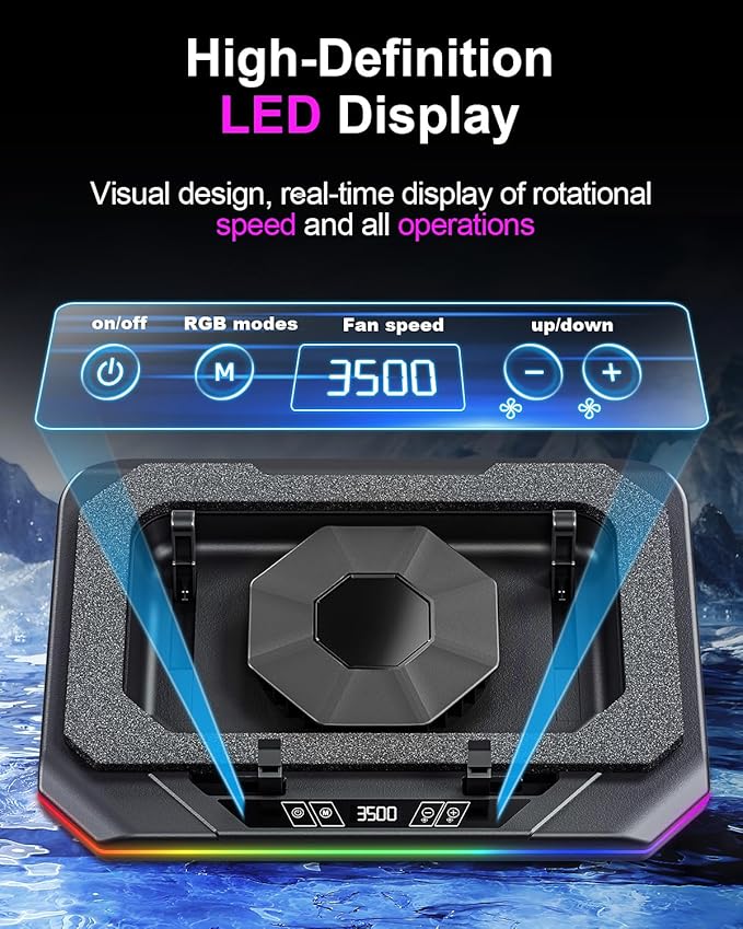 MOUNT PRO Gaming Laptop Cooling Pad, RGB Laptop Cooler Stand with Powerful Turbofan (3500 RPM), Height Adjustable Laptop Fan Cooling Pad for 13-19 Inches Notebook, with Sealed Foam, Touch Control