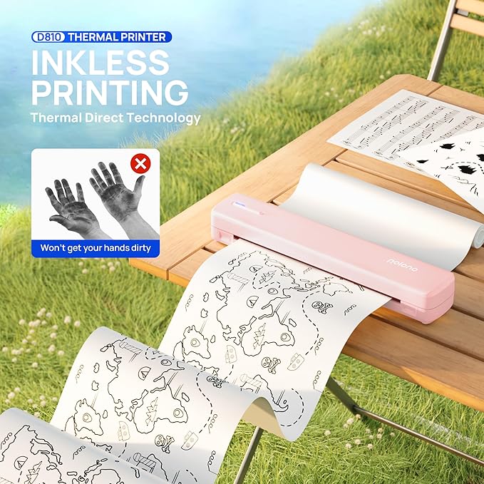 POLONO Portable Printer Wireless for Travel, D810 Bluetooth Thermal Printer Support for 8.5"x11" US Letter, Inkless Compatible with iOS, Android, Laptop for Office, Car and Home with Carry Case, Pink