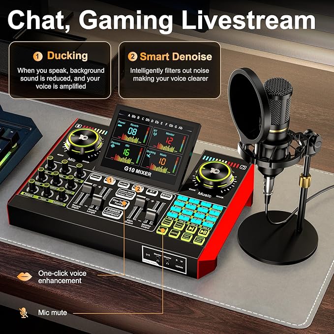 Podcast microphone bundle, live sound card, streaming audio mixer, podcast equipment bundle for PC/mobile live streaming, singing, gaming, soundboard with voice changer and noise reduction function