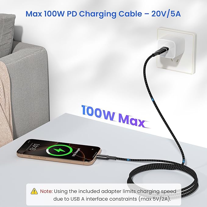 Elebase USB Type C to C 100W Car Charging Cable 6.6FT with A Adapter,Fast PD Charger Cord for iPhone 16 15 Pro Max Plus,Samsung Galaxy S23 S24, Play,MacBook Mac,iPad 9 10,Z Flip Fold 4 5,Ultra,A53 A54