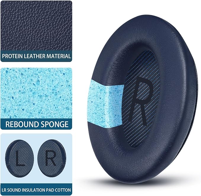 Headphones Replacement Ear Pads, Protein Leather earpad Cushions for Bose Quiet Comfort QC35 Headphones, Replacement Earpads, Softer Memory Foam - Navy Blue