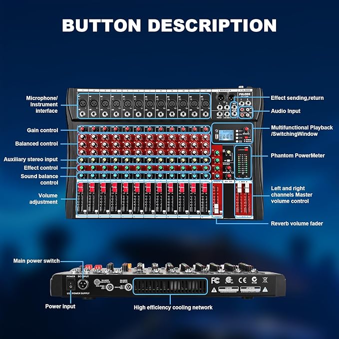12 Channel Audio Mixer, Professional Music Mixer Board DJ Mixing Console with Bluetooth, USB/MP3 Player, Reverb, and 48V Phantom Power for Studio Recording, Karaoke, and Live Performances
