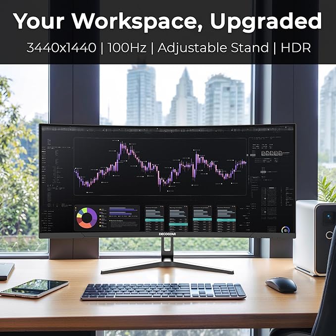 Deco Gear 34” Curved Ultrawide Business Monitor | 3440x1440, 100Hz, 1500R, 99% sRGB | Adjustable Stand, 2 HDMI and 2 DisplayPort | HDR, Low Blue Light, PIP/PBP