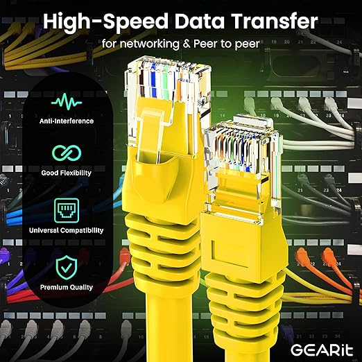 GearIT Cat 6 Ethernet Cable (24-Pack 7 Feet) Cat6 Network Patch, 10Gbps, RJ45, Snagless Cord, Gold-Plated Connectors, Internet for PC, TV, Tablet, Router, Printer, Servers, IT Data Center - Yellow