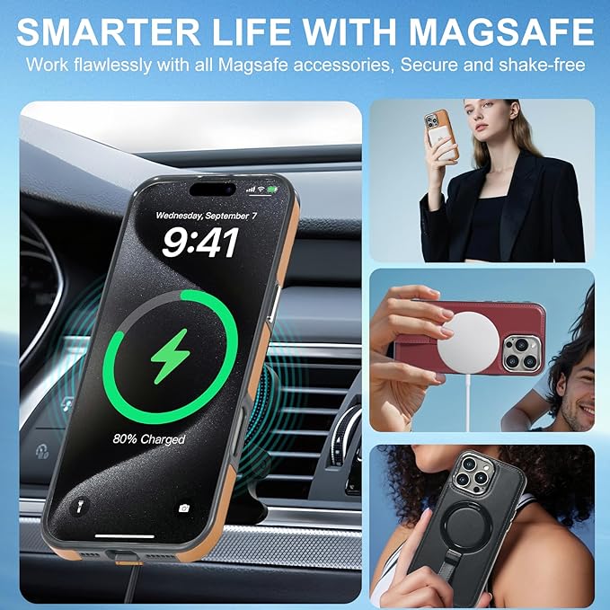 Leather Case, Suitable for iPhone 15 Pro Max Case, Invisible Magnetic Design, Equipped with a Lanyard and Foldable Stand, Black, Yellow and red (Black, iPhone 15 Pro Max)