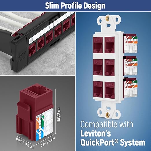 Everest 90° Angled RJ45 Cat6A Keystone Jacks 10-Pack in Red - Slim Profile Female RJ45 Connectors - Cat 6A Keystone Jack - Compatible with 90° Angled Speed Termination Tool - easyJACK (B094WB91H3)
