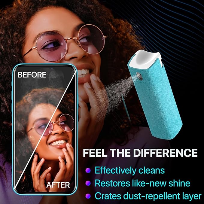 Mini Screen Cleaner Spray – Finger Proof Screen Cleaner for Smartphones, iPads, MacBooks, Laptops, Car Screens, Touchscreens – 3in1 Mist Cleaner, Microfiber Cloth and Protective Cover (Khaki)