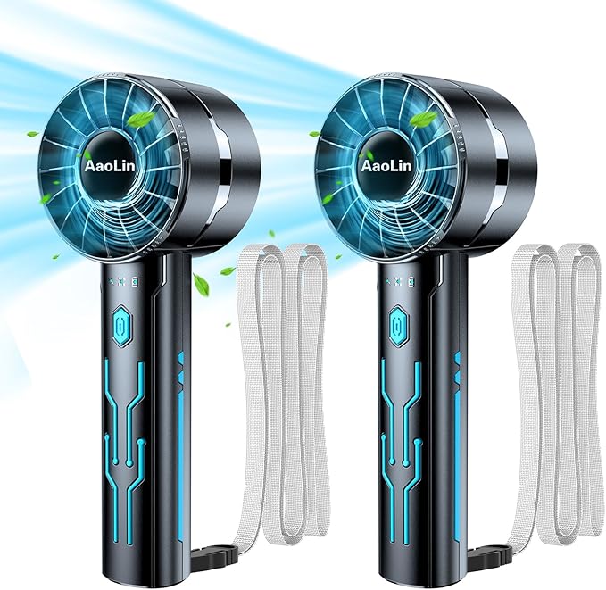 2pcs Portable Handheld Turbo Fan with 7000rpm High-Speed Motor USB Rechargeable Cooling Personal Fan 4-Speed, 4-16H Runtime, with Lanyard for Outdoor Travel, Women, Kids, Summer Gift