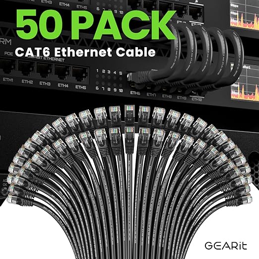 GearIT Cat 6 Ethernet Cable Pack - 50-Pack 1 ft Cat6 Ethernet Patch Cables | RJ45 Network Patch Cable, 10 Gbps Snagless Gold-Plated Connectors - Ethernet Cable Cat 6 for PC, TV, Router - Black