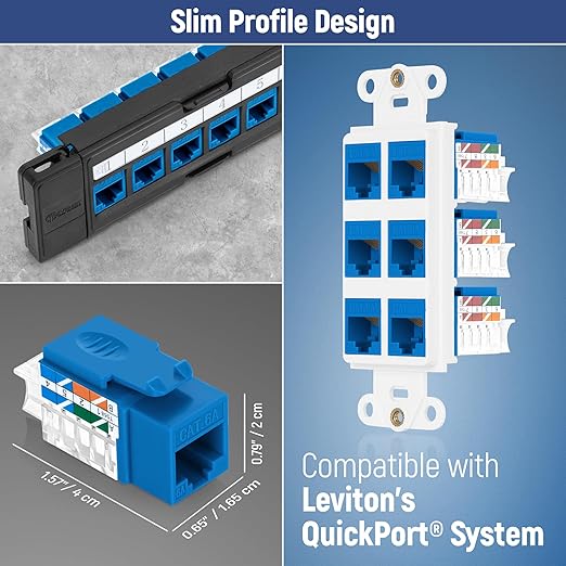 Everest 45° Angled RJ45 Cat6A Keystone Jacks 100-Pack in Blue - Slim Profile Female RJ45 Connectors - Cat 6A Keystone Jack - Compatible with 45° Angled Speed Termination Tool - 45Term (B0BL3GS7ZY)