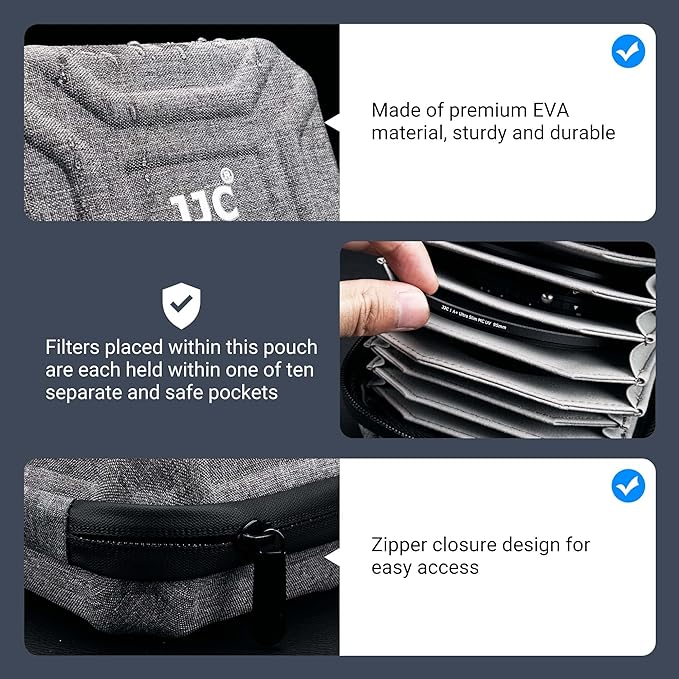 JJC Durable Lens Filter Pouch Case for 10 Circular Filters Up to 95mm 82mm, Dustproof & Water-Resistant Camera Lens Filter Storage Wallet for ND UV CPL Filter