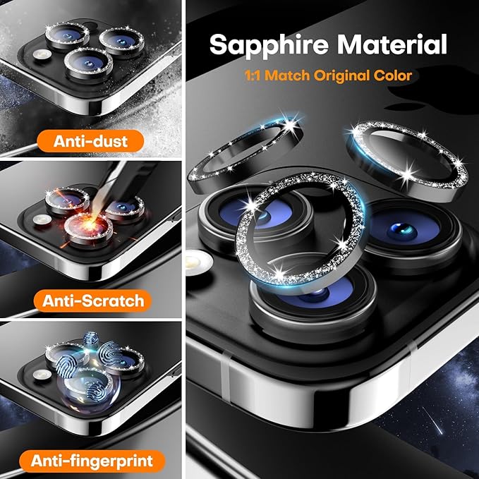 Camera Lens Protector for iPhone 16 Pro Max/16 Pro/15 Pro Max/15 Pro/14 Pro Max/14 Pro, Sapphire Glass Metal Individual Camera Cover Screen, Anti-drop, Case Friendly- Glitter Black Titanium