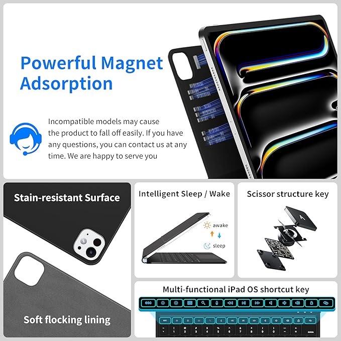 iPad Pro 13 inch case 2024 with Keyboard, Keyboard Case for iPad Pro 13-inch (M4, 2024) with 7 Colors Backlight, Multi-Touch Trackpad, Easy-Set Magnetic Stand, Auto Sleep/Wake (Black)